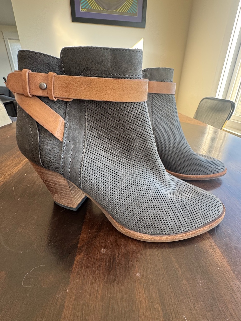 NEW - Dolce Vita Women’s Gray Suede Perforated Ankle Boots with Tan Strap 8.5
